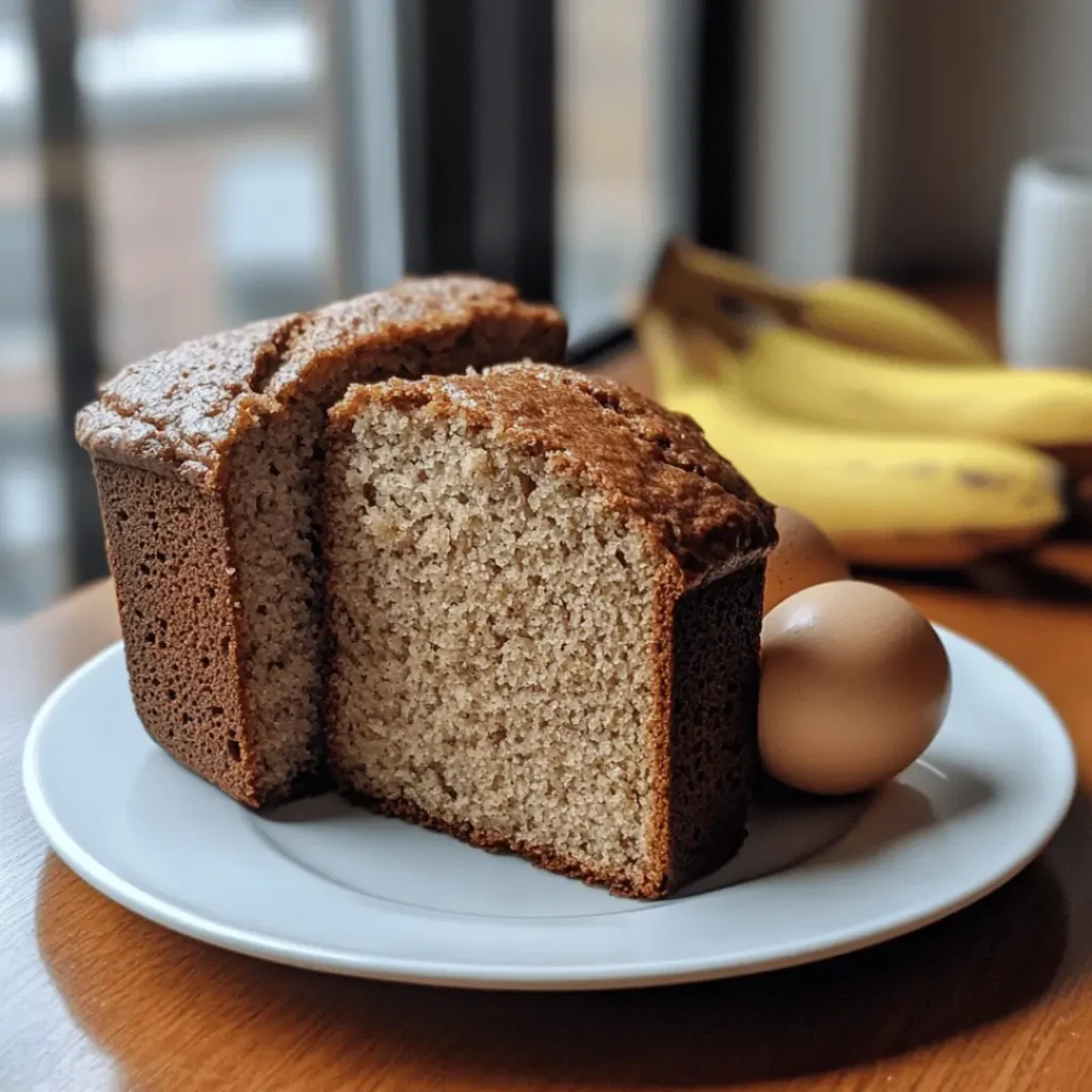 Sliced 4 Ingredient Banana Bread with eggs and bananas in background