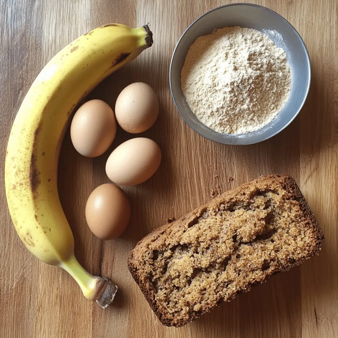 4 Ingredient Banana Bread components including bananas, eggs, flour, and finished loaf