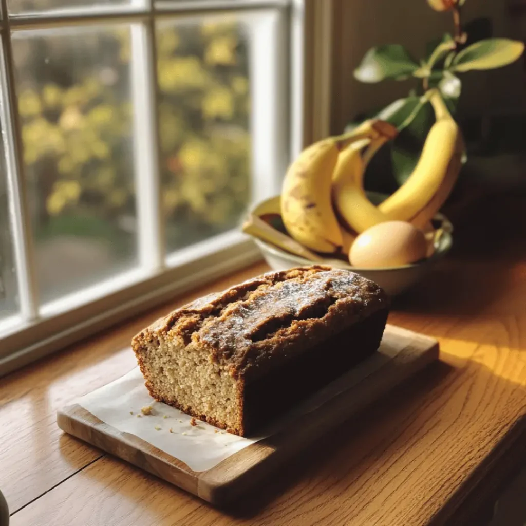 Freshly baked 4 Ingredient Banana Bread loaf on cutting board near window, with ripe bananas and an egg in bowl, surrounded by warm sunlight.