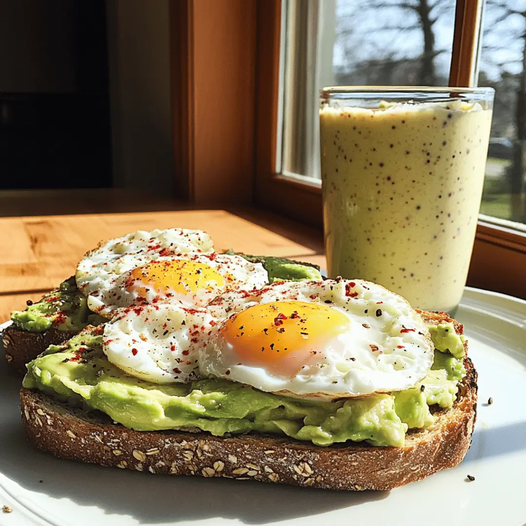 1000-calorie breakfasts :Two slices of toasted bread topped with mashed avocado and eggs, served alongside a vibrant berry smoothie in a glass, illuminated by gentle natural light.