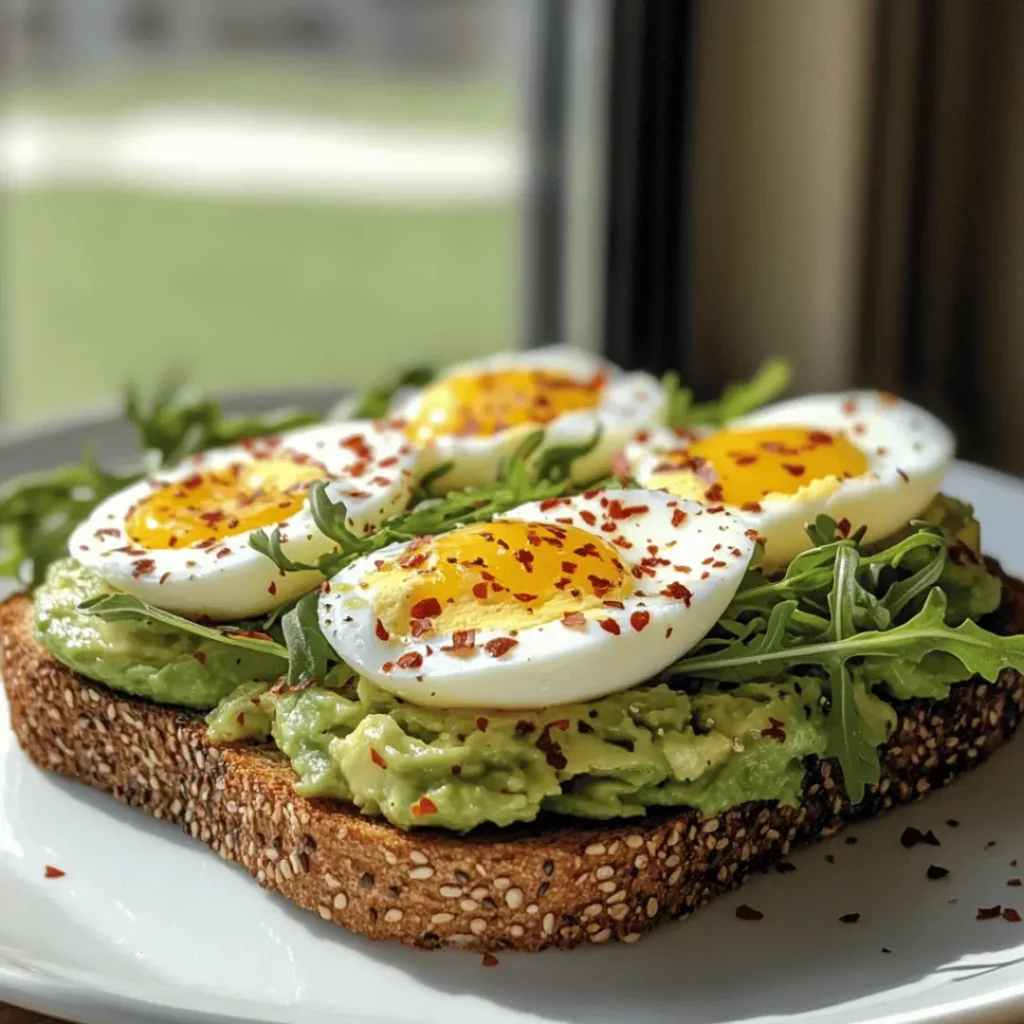 Healthy breakfast ideas : A toasted slice of multi-seed bread topped with smashed avocado, sliced boiled eggs, arugula, and chili flakes, set on a white plate by a window.

