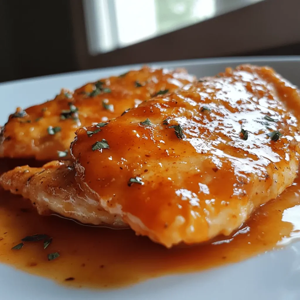 Oven-baked chicken breast glazed with glossy buffalo sauce.