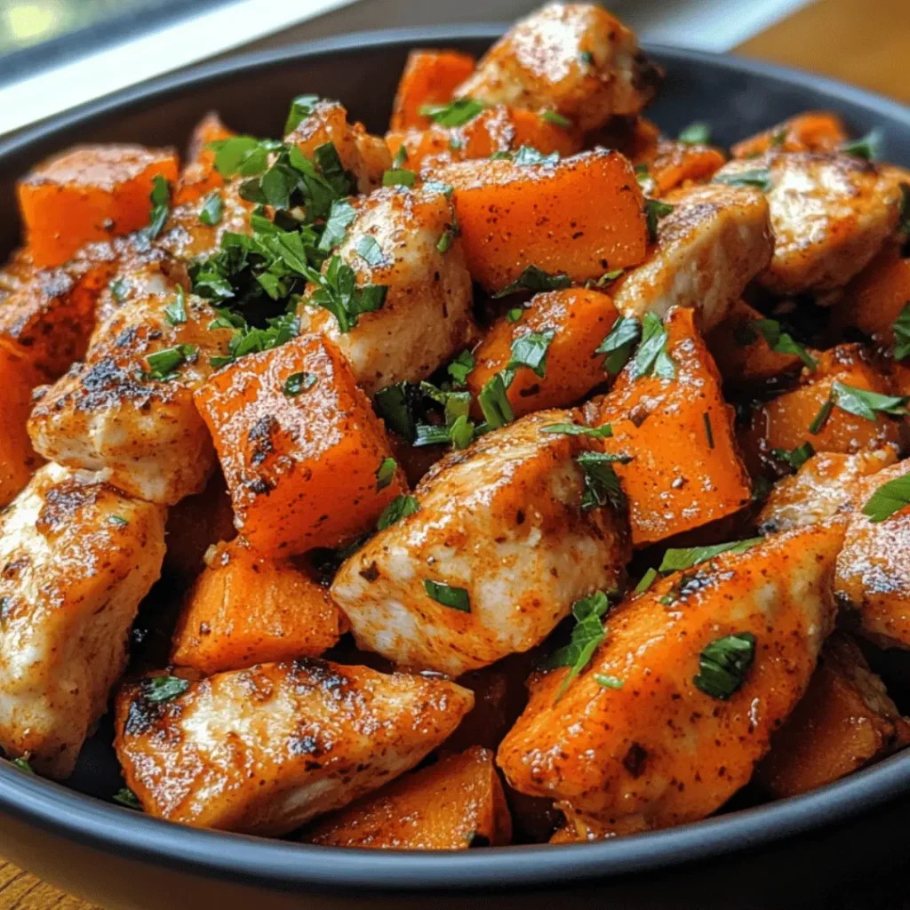 Hearty serving of creamy buffalo chicken and sweet potatoes in a white bowl.