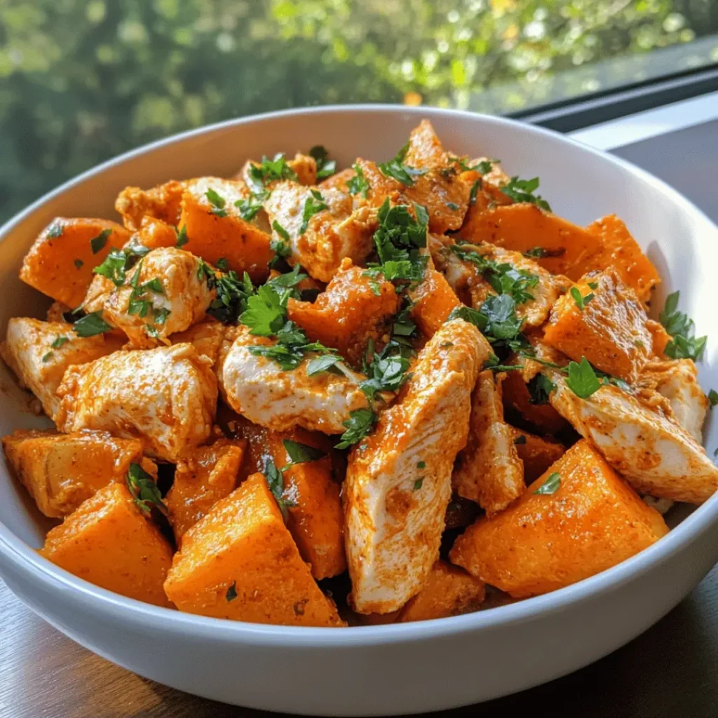Hearty serving of creamy buffalo chicken and sweet potatoes in a white bowl.