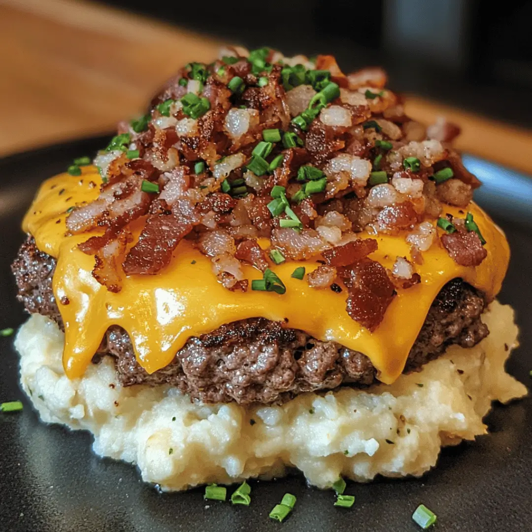 Bunless Bacon Cheeseburger served on a bed of creamy mashed cauliflower. The cheeseburger is topped with crispy bacon bits, melted cheddar cheese, and a sprinkle of chopped chives.