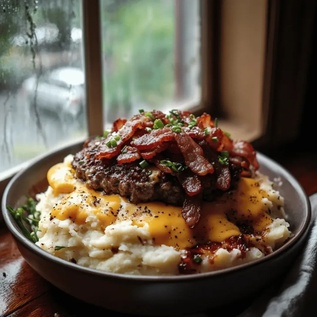 A Bunless Bacon Cheeseburger nestled on top of mashed cauliflower, adorned with melted cheese and crispy bacon. The dish is presented beautifully in a rustic bowl near a window.