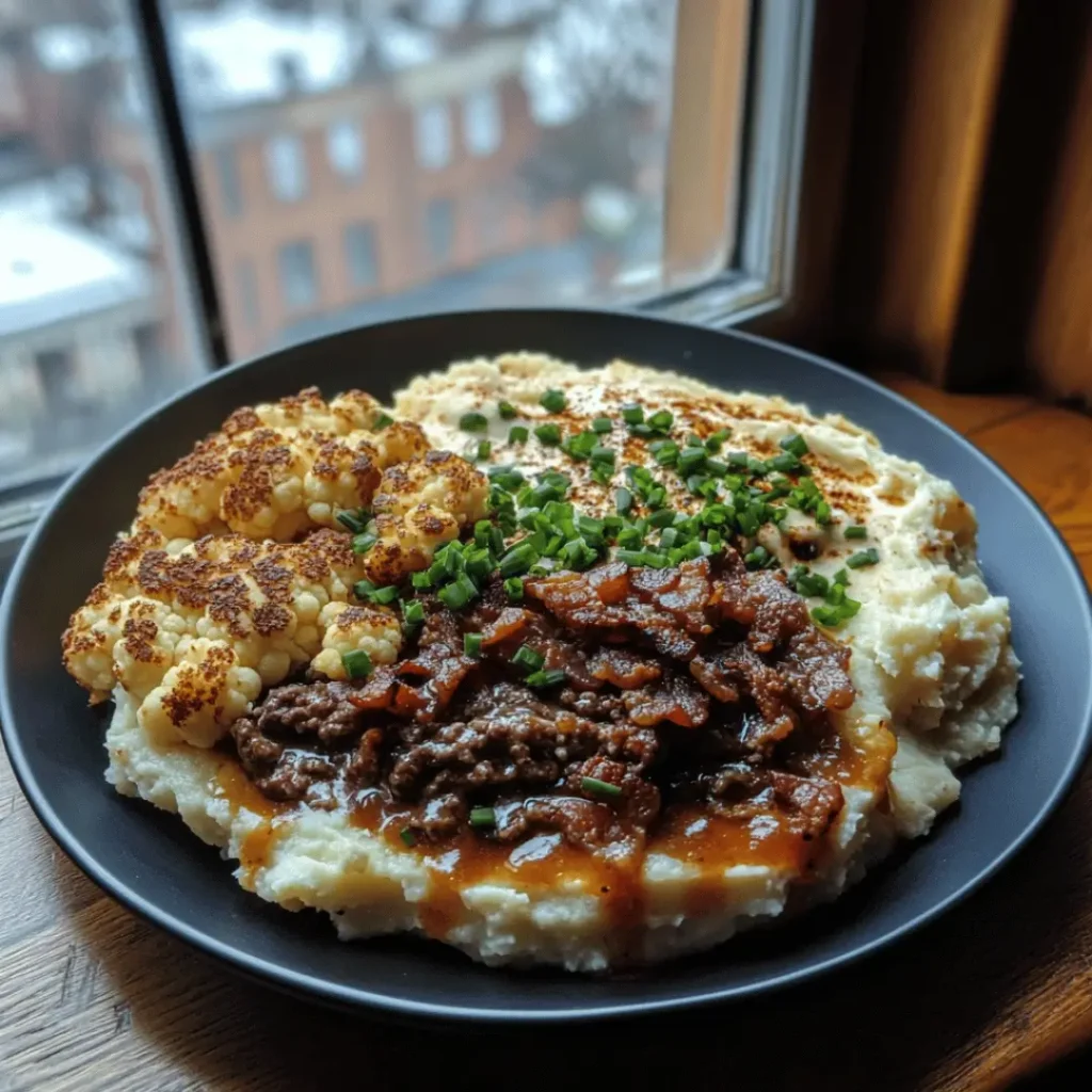 A hearty serving of Bunless Bacon Cheeseburger resting on mashed cauliflower, accompanied by roasted cauliflower florets. The burger is elevated with savory bacon pieces and garnished with fresh chives.