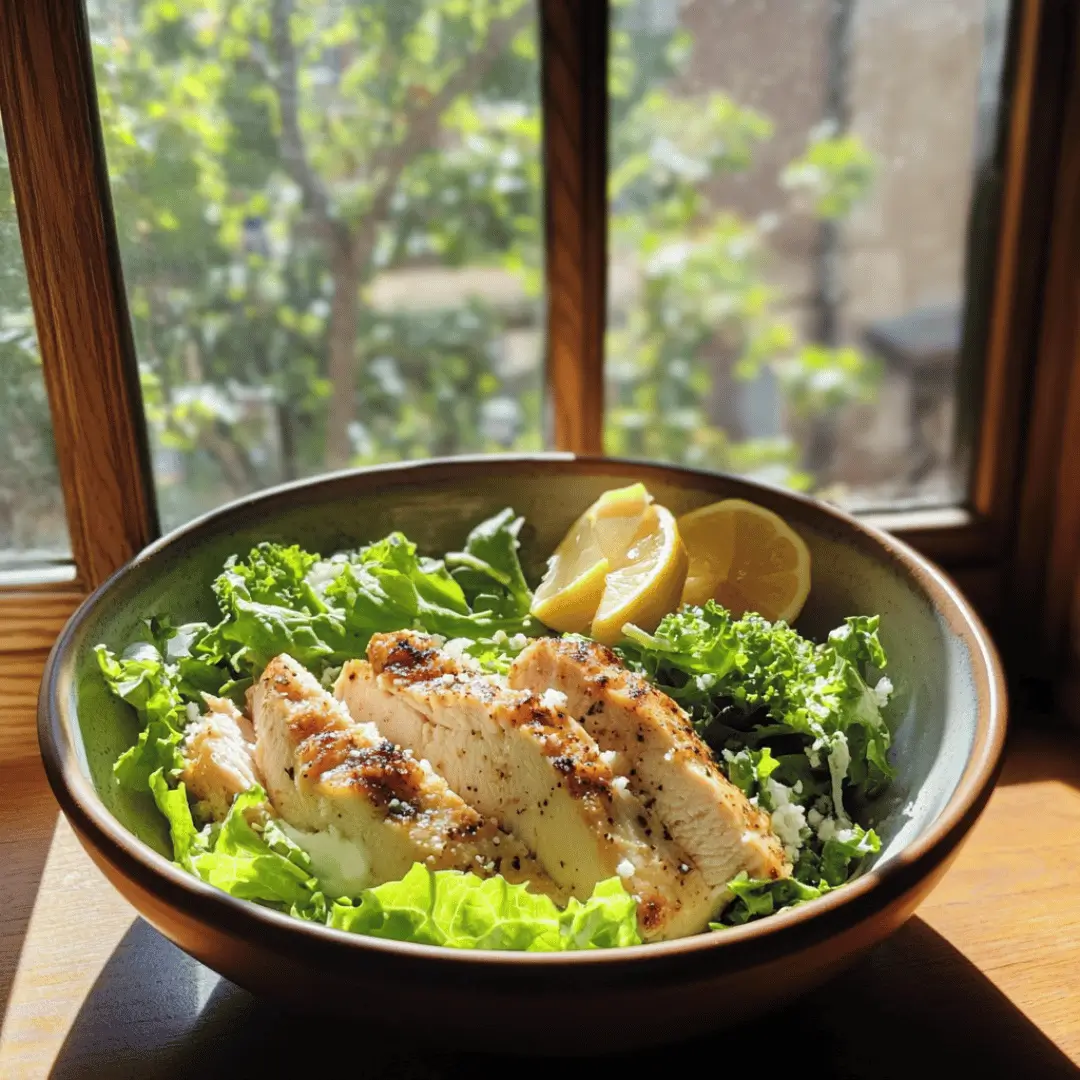 A bowl of chicken Caesar salad with grilled chicken breast, fresh greens, and lemon wedges, set on a wooden surface by a sunlit window.