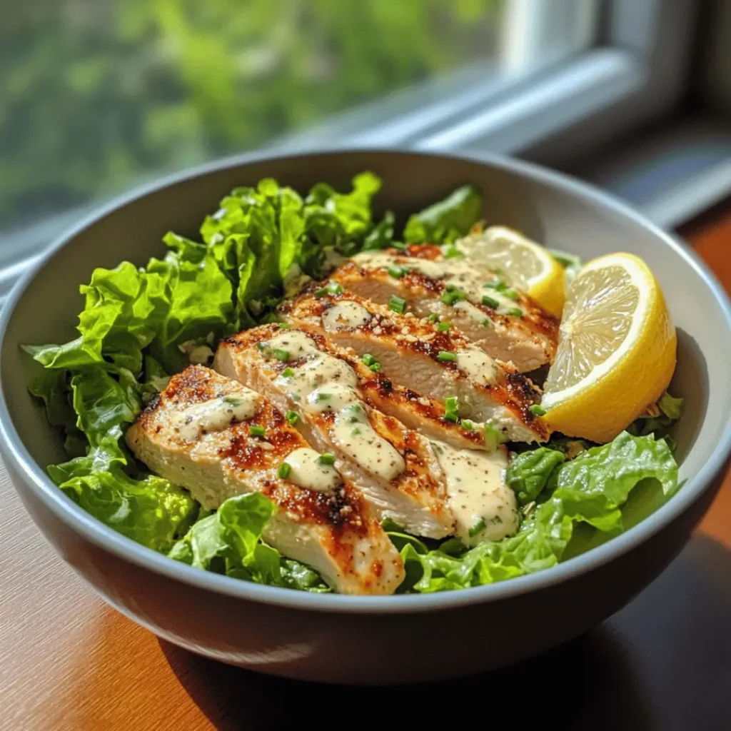 Chicken Caesar salad in a bowl, featuring grilled chicken slices, fresh lettuce, Caesar dressing, and a lemon wedge by a window.