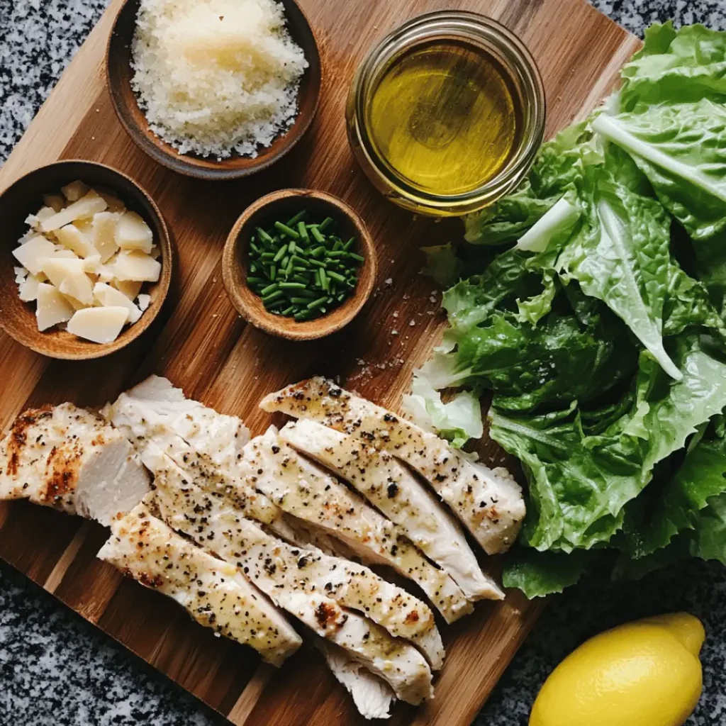 Ingredients for a chicken Caesar salad arranged on a wooden board, including grilled chicken slices, lettuce, Parmesan cheese, chives, and olive oil.