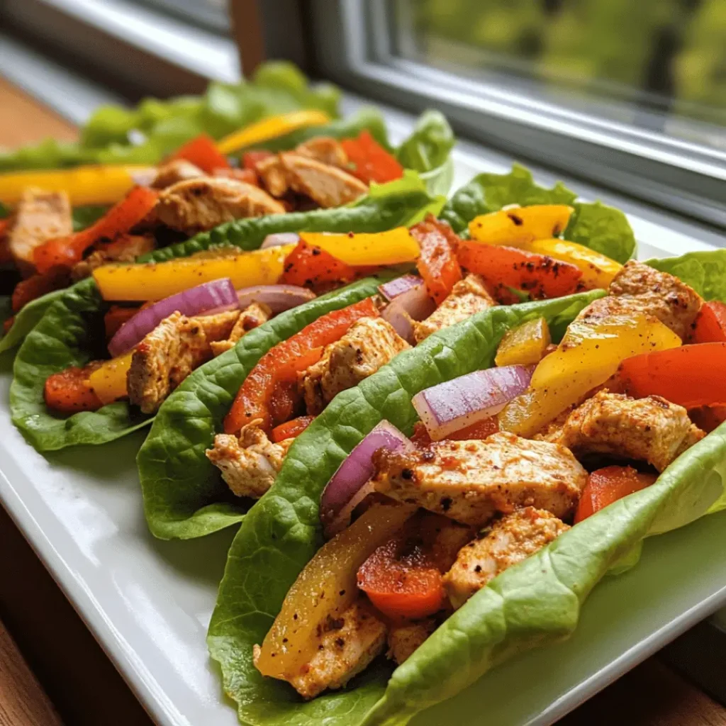 Chicken Fajita Lettuce Wraps filled with colorful chicken and bell peppers, displayed on a white plate by a window.