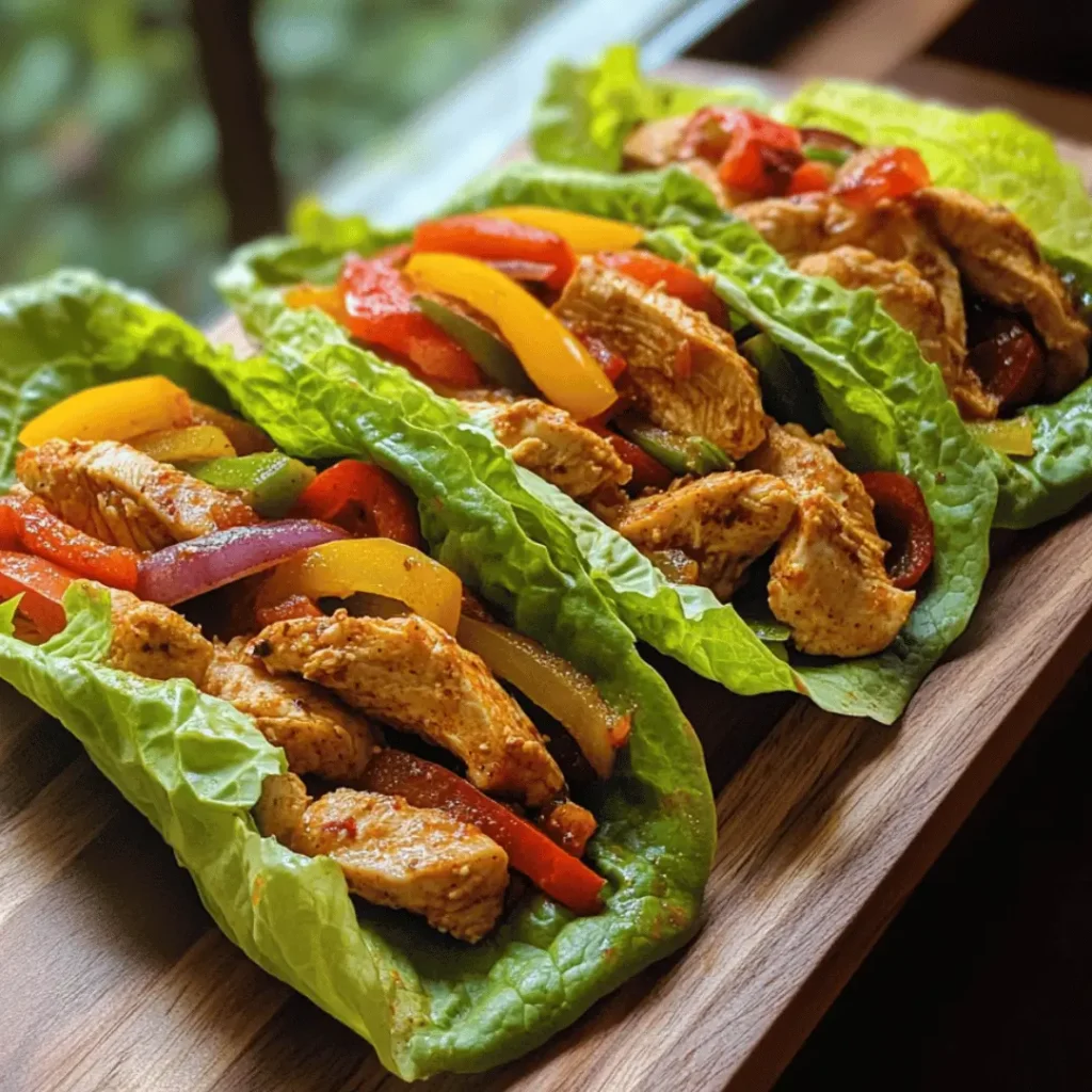 A wooden board holding Chicken Fajita Lettuce Wraps loaded with seasoned chicken, red, yellow, and green peppers.