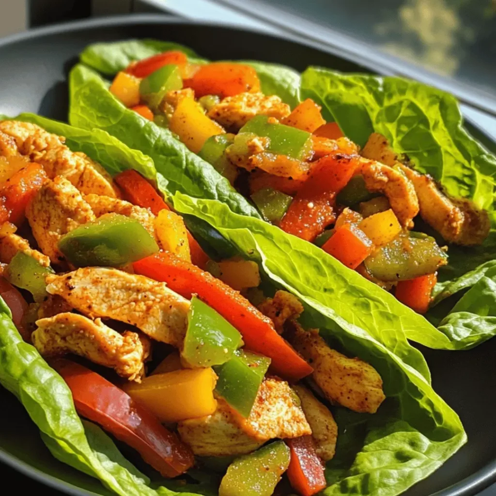 Chicken Fajita Lettuce Wraps stacked on a black plate showcasing vibrant chicken and bell pepper strips wrapped in lettuce.