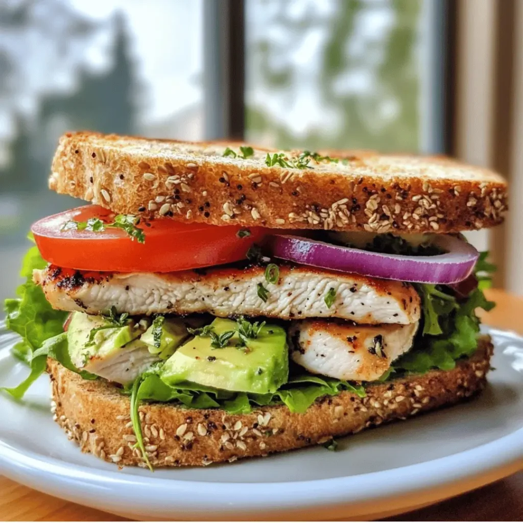 Chicken Sandwich with Low-Fat Mayo, featuring grilled chicken, lettuce, tomatoes, and toasted bread on a white plate.