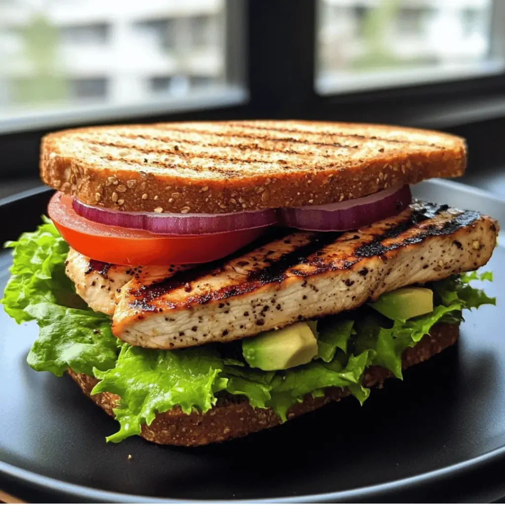 Chicken Sandwich with Low-Fat Mayo, including grilled chicken, avocado, tomato slices, and red onion rings on toasted bread.