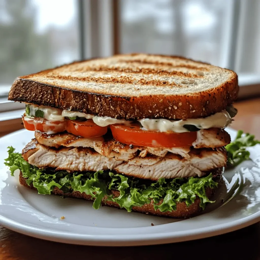 Chicken Sandwich with Low-Fat Mayo featuring grilled chicken, lettuce, avocado, and tomatoes on toasted bread on a black plate.