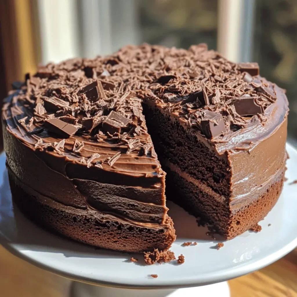 Two-layer chocolate cake on a white pedestal cake stand with one slice removed, topped with chocolate frosting and shavings.