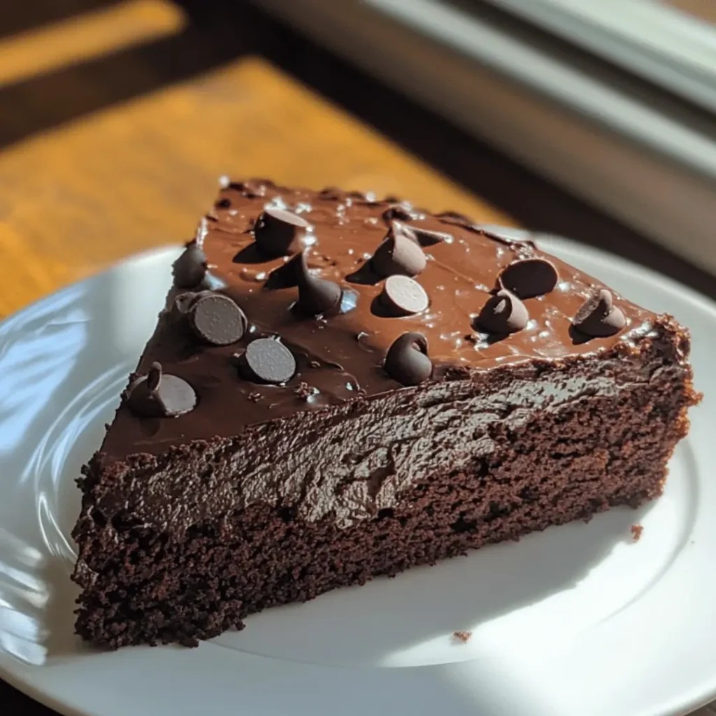 Single slice of chocolate cake on a white plate, frosted and sprinkled with chocolate chips.