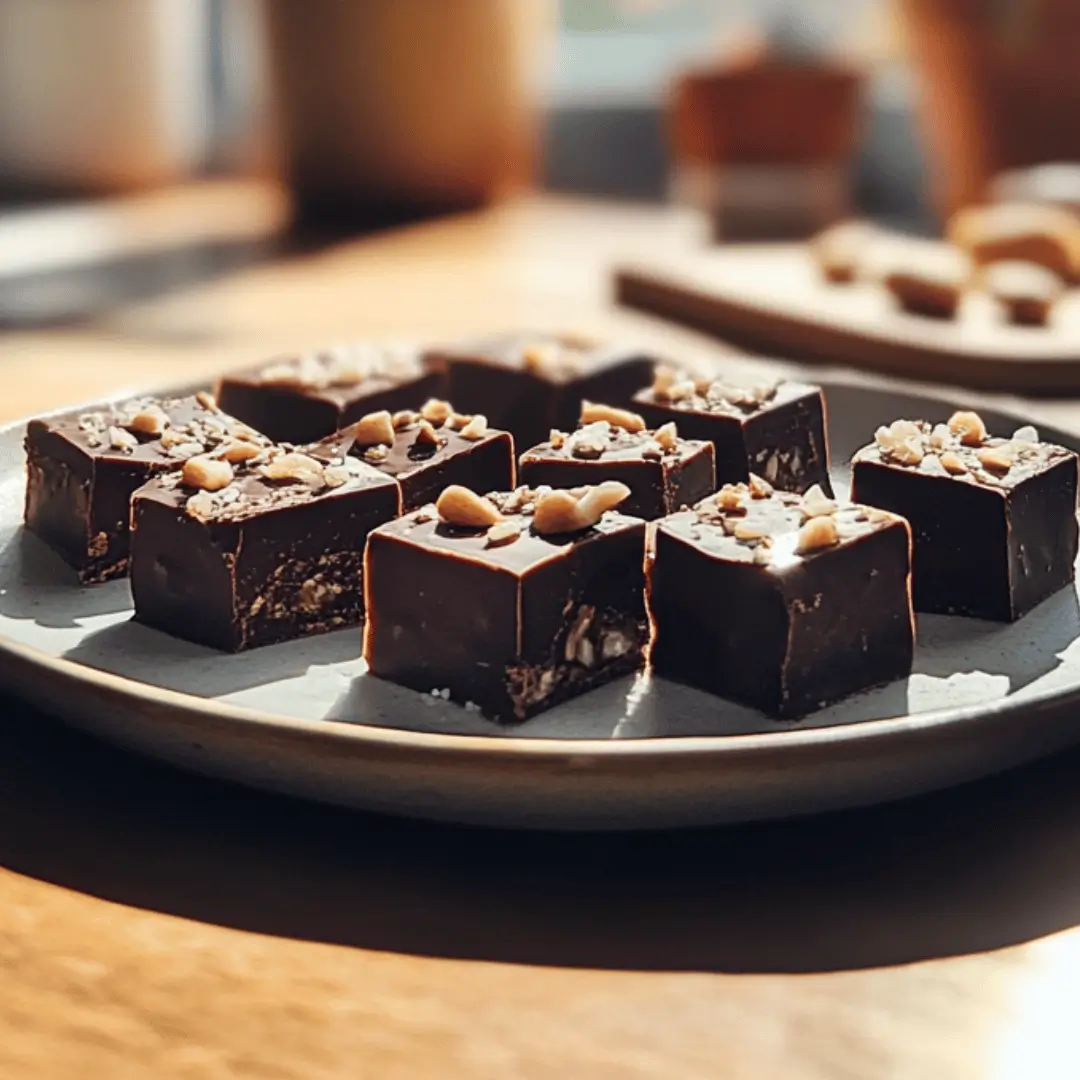 Testosterone boosting dessert: Luscious dark chocolate squares sprinkled with sea salt, complemented by a medley of nuts for added health benefits.