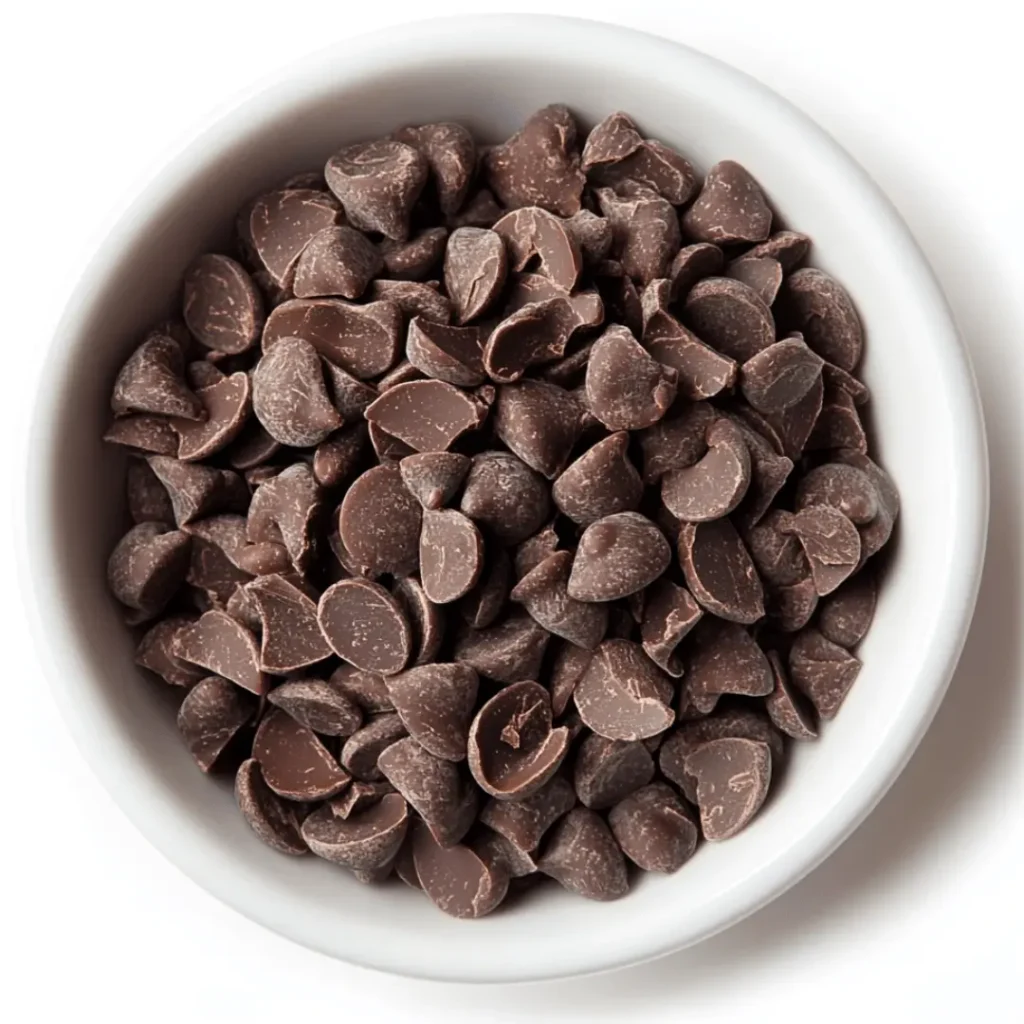 White ceramic bowl filled with semi-sweet chocolate chips for a chocolate protein mug cake on a white background.
