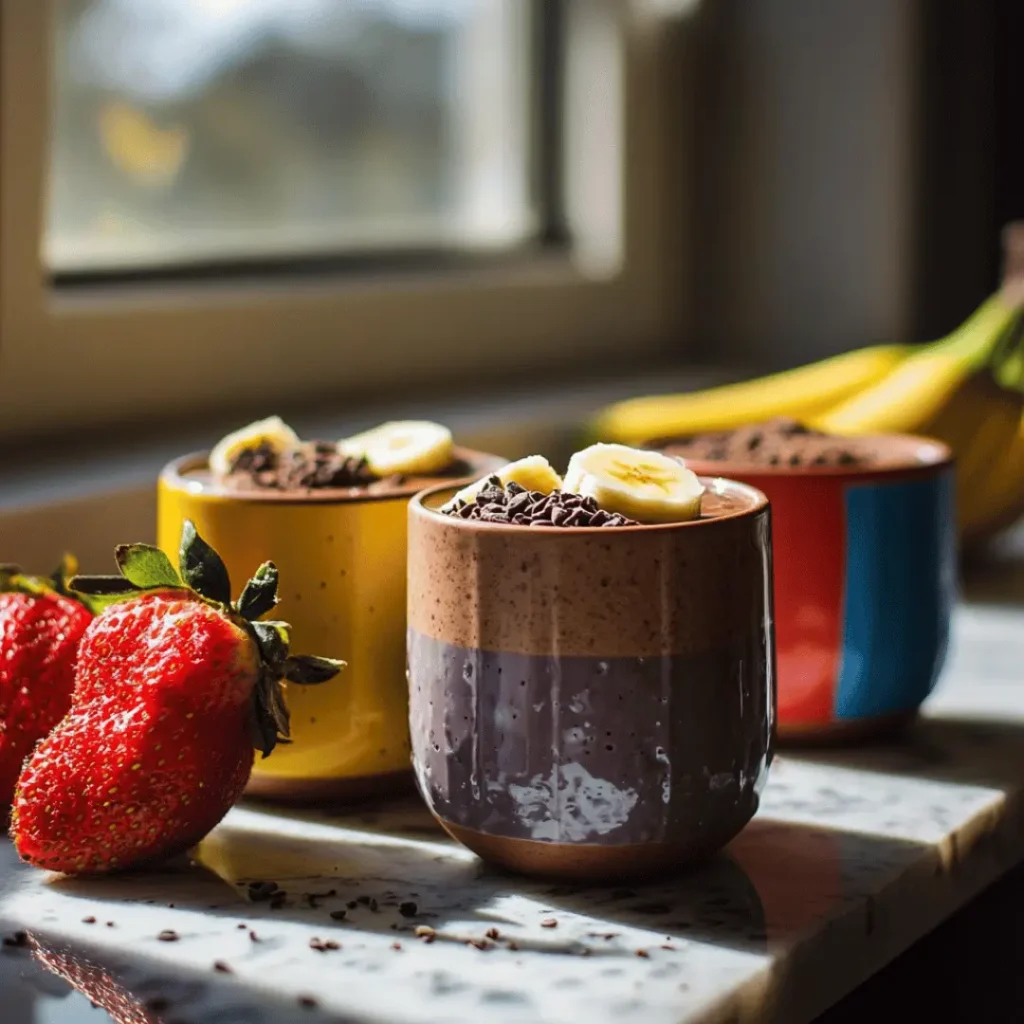 Testosterone boosting breakfast: A creamy chocolate smoothie in a glass, surrounded by fresh banana, almond butter, protein powder, and honey.
