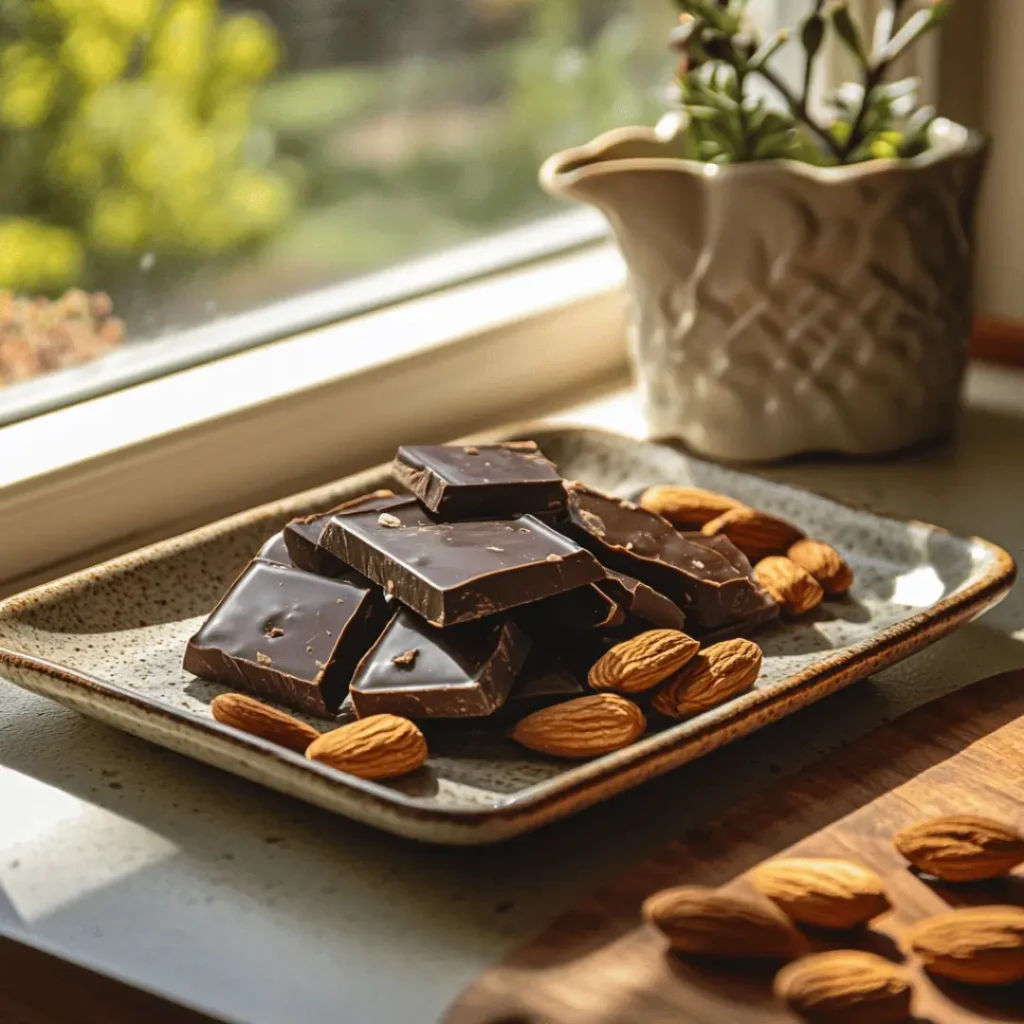 Testosterone boosting dessert: Rich dark chocolate squares adorned with sea salt, elegantly accompanied by a selection of nuts.