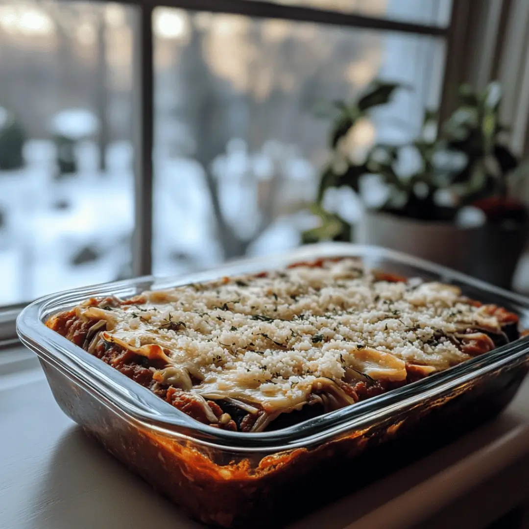 A glass baking dish filled with a beautifully baked eggplant parmesan, topped with melted cheese and herbs, set against a cozy window backdrop during sunset.
