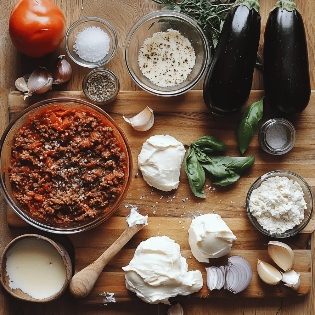 A rustic display of fresh ingredients including eggplants, ground meat mixture, cheeses, tomatoes, garlic cloves, basil, and various seasonings, all beautifully arranged on a wooden cutting board.