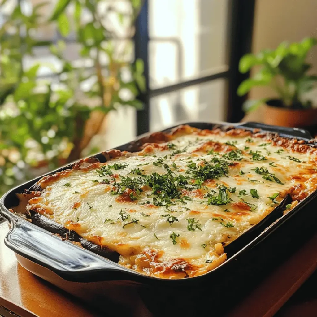 A rich and golden brown eggplant parmesan baked to perfection in a black casserole dish, garnished with fresh herbs, set near a sunlit window with lush greenery in the background.
