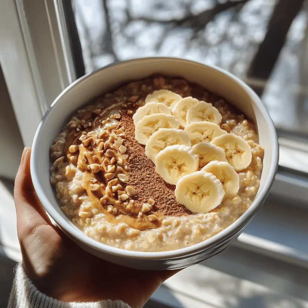 A bowl of creamy oatmeal topped with elegant banana slices, a swirl of almond butter, chopped nuts, and a dusting of cinnamon, held near a sunlit window.