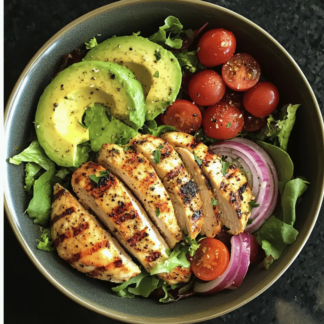 Overhead shot of a grilled chicken and avocado salad bowl with sliced chicken breast, avocado, cherry tomatoes, red onion, and mixed greens.
