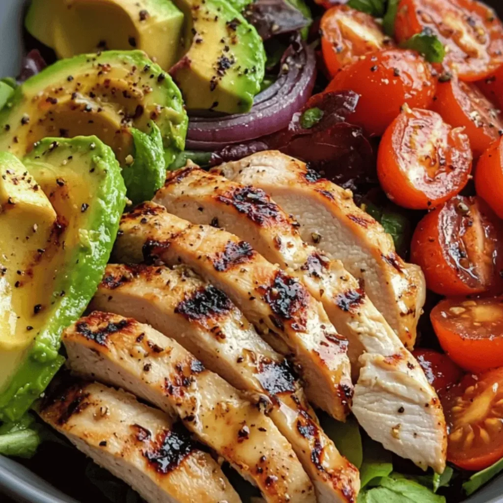 Close-up of sliced grilled chicken breast nestled beside avocado and cherry tomatoes on a bed of salad greens.