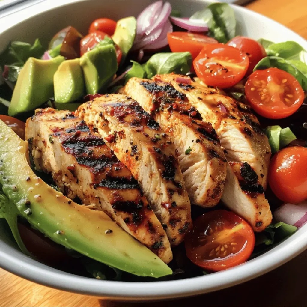 Side-angle view of a grilled chicken and avocado salad placed near a sunny window, highlighting fresh ingredients.