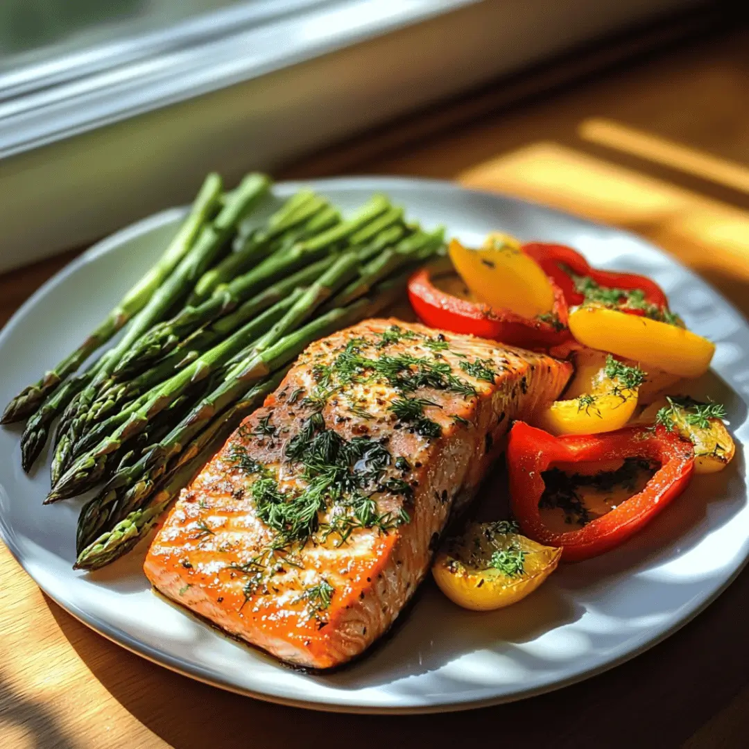 Testosterone Boosting Lunch featuring a pan-seared salmon filet garnished with fresh herbs, accompanied by roasted colorful bell peppers and crisp asparagus spears on a white plate, sunlit on a wooden surface.