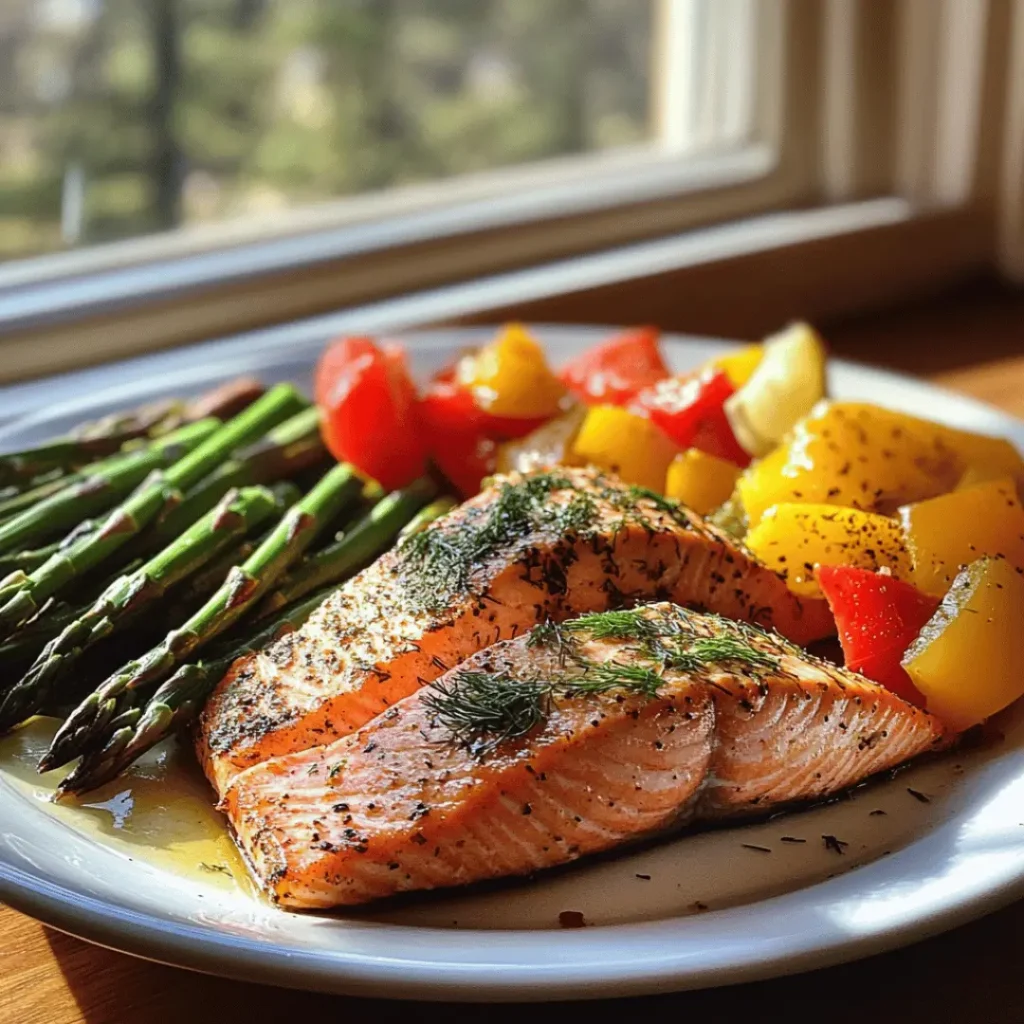 Testosterone Boosting Lunch showcasing a vibrant plate of baked salmon fillets seasoned with herbs, paired with flavorful roasted red and yellow bell peppers and steamed asparagus, illuminated by natural light through a nearby window.