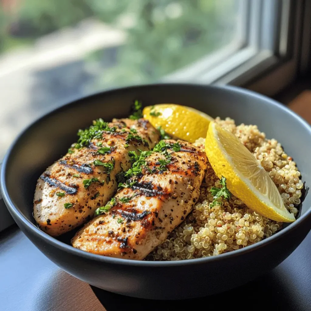 Grilled Lemon Herb Chicken breasts nestled on a bed of quinoa with lemon wedges in a black bowl by a window