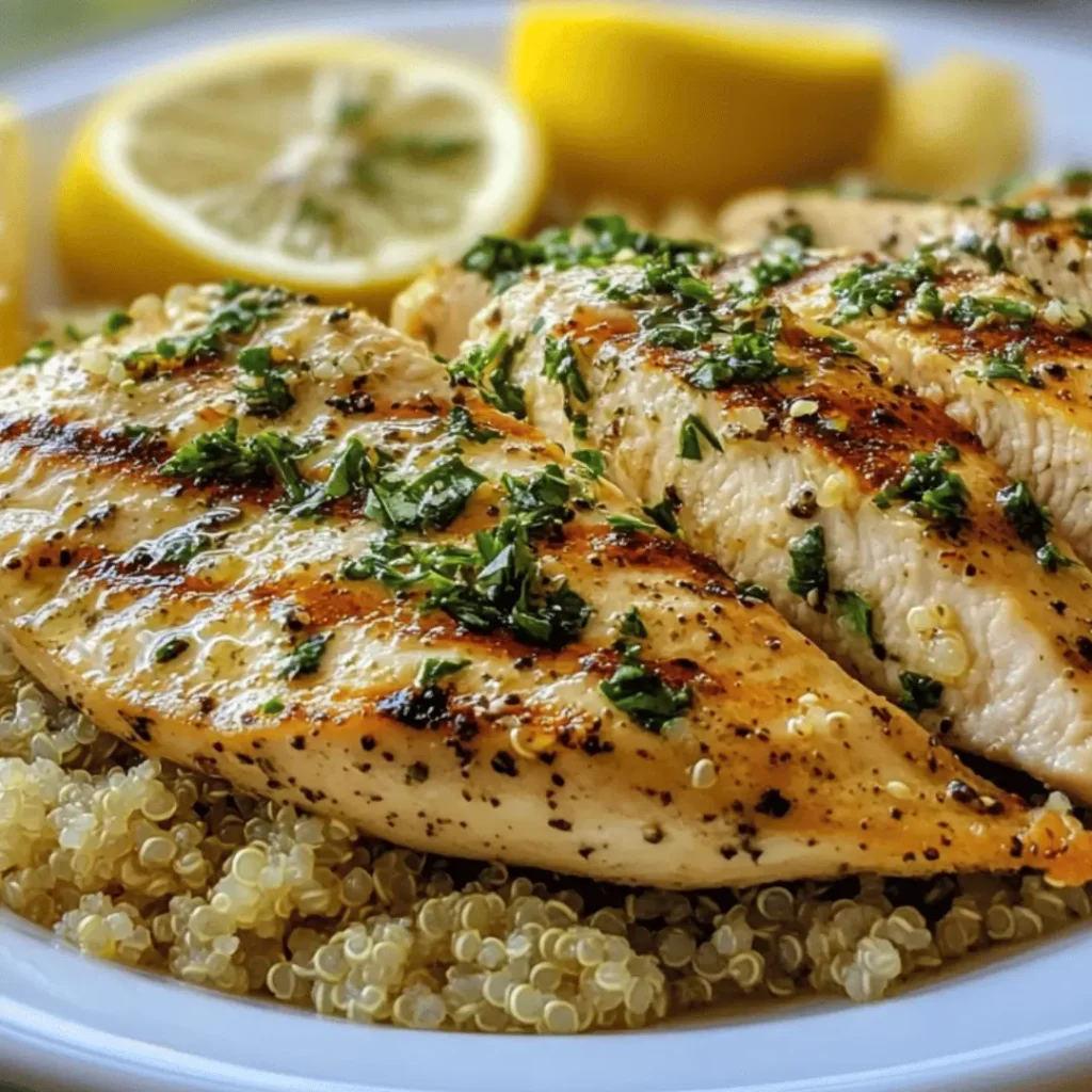 Close-up of Grilled Lemon Herb Chicken with charred grill marks atop quinoa, chopped herbs and a lemon slice blurred behind