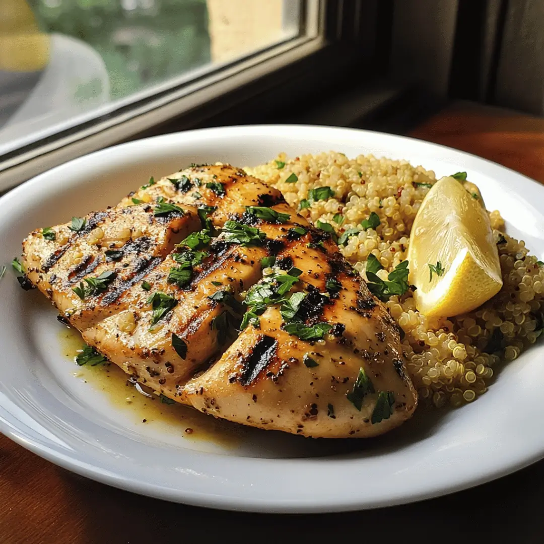 Grilled Lemon Herb Chicken fillets plated with quinoa and a lemon wedge on a white dinner plate near a window