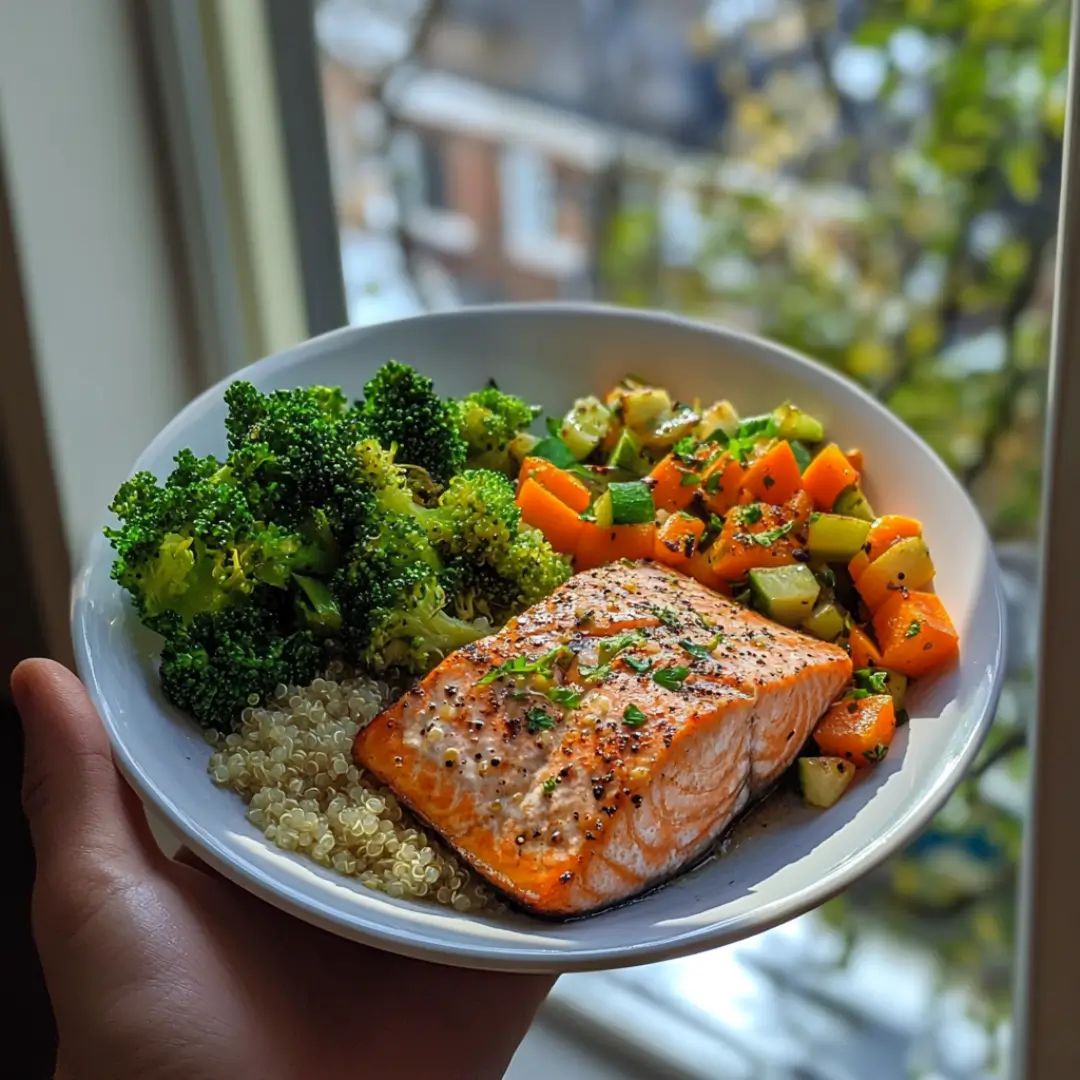 Grilled Salmon served with broccoli, carrots, and quinoa by the window.