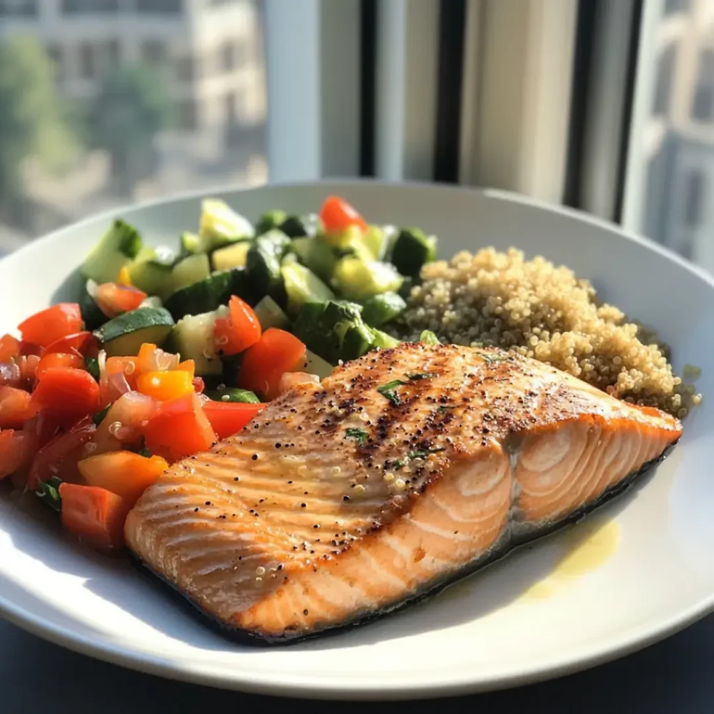 Grilled Salmon paired with quinoa, zucchini, and bell peppers.