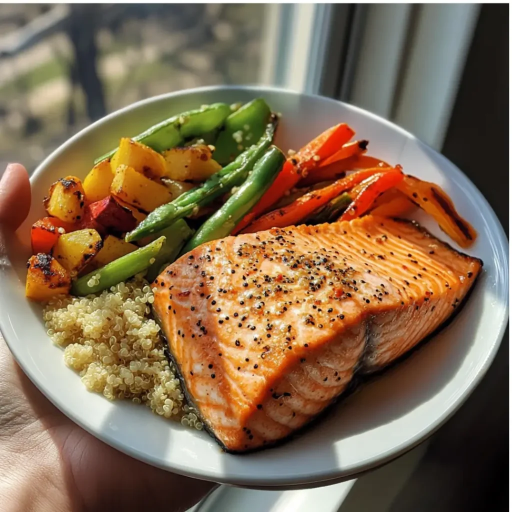 Grilled Salmon, quinoa, and mixed grilled vegetables near a sunny window