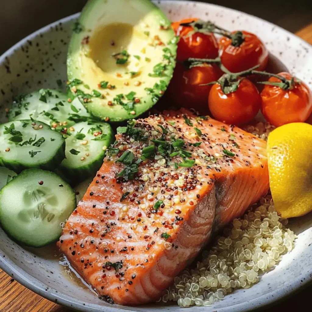 Testosterone boosting dinner: Grilled salmon with a vibrant quinoa salad full of colorful cherry tomatoes, cucumber, avocado, and fresh herbs.