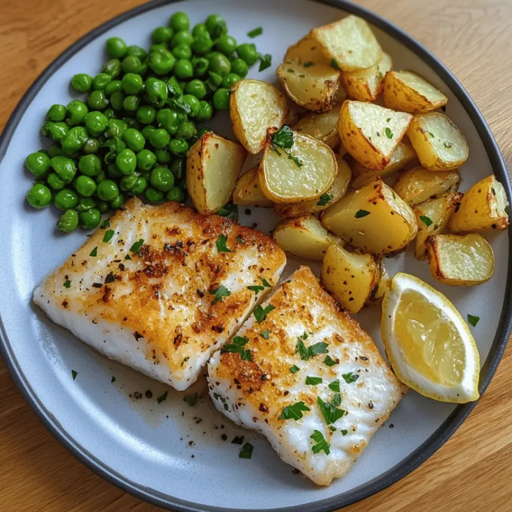 Guilt-Free Delight: Healthy Baked Cod & Air-Fried Chips with peas and lemon slices.