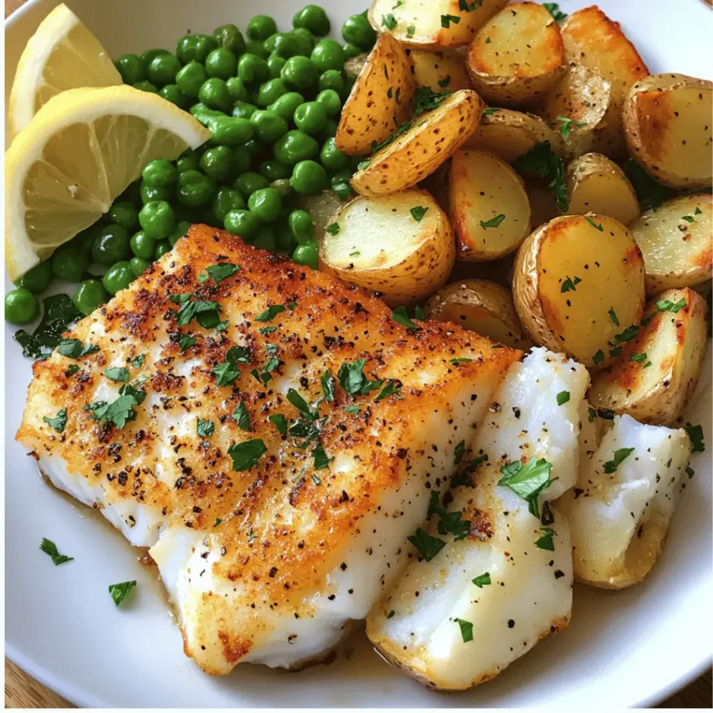 Guilt-Free Delight: Healthy Baked Cod & Air-Fried Chips with parsley garnish, peas, and lemon.