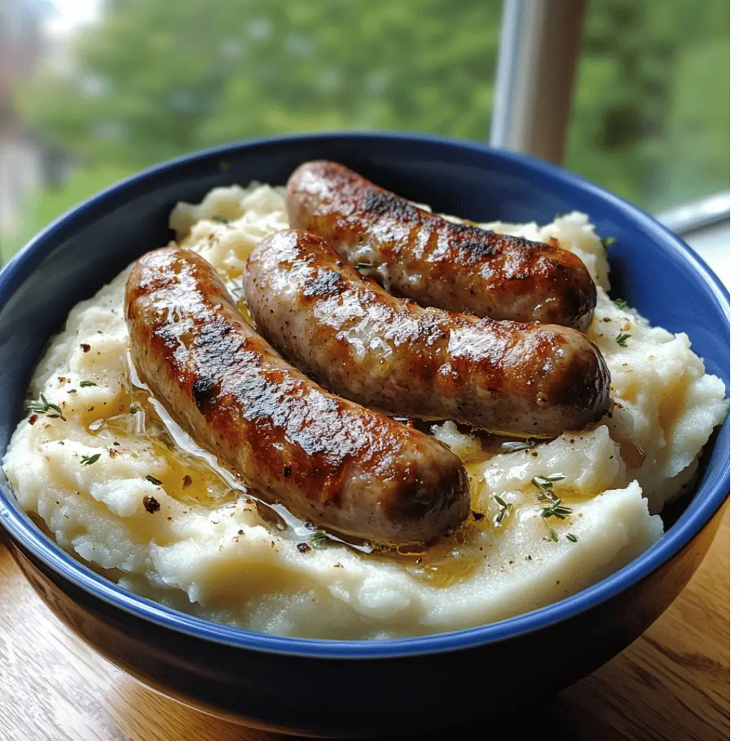 Halal Low-Fat Sausage & Creamy Mash topped with three browned sausages in a blue bowl