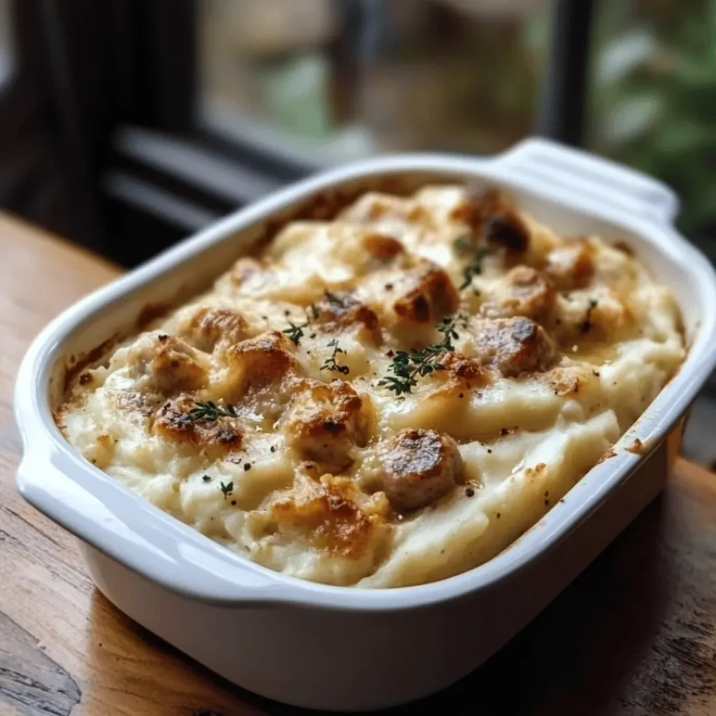 Halal Low-Fat Sausage & Creamy Mash baked to golden perfection in a white dish.
