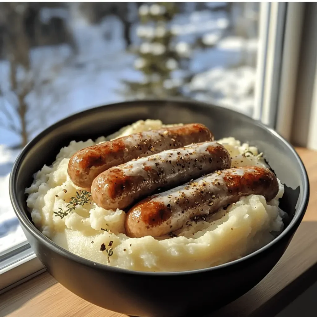 Halal Low-Fat Sausage & Creamy Mash paired with sausages adorned with pepper in a black bowl by a snowy window.