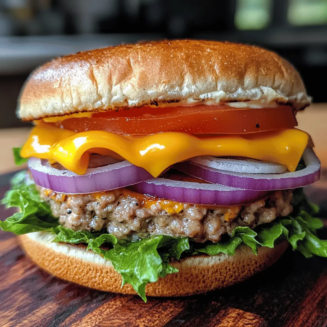 Close-up of a healthy cheeseburger on a wooden board, layered with lettuce, melted cheddar, red onion slices, tomato, and a toasted whole-wheat bun.
