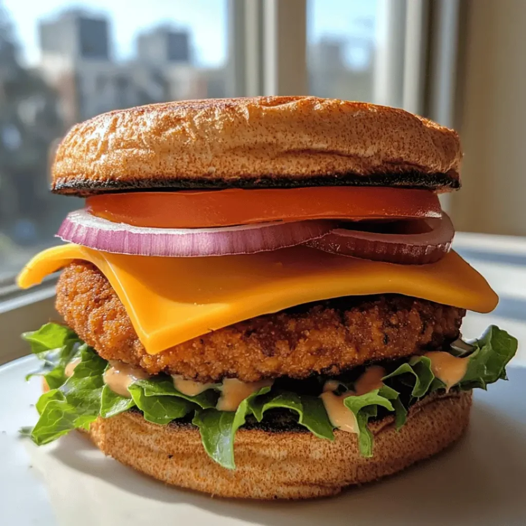 Side view of a healthy cheeseburger featuring a golden, breaded patty, melted cheddar, lettuce, red onion, tomato and a swirl of sauce on a toasted bun.