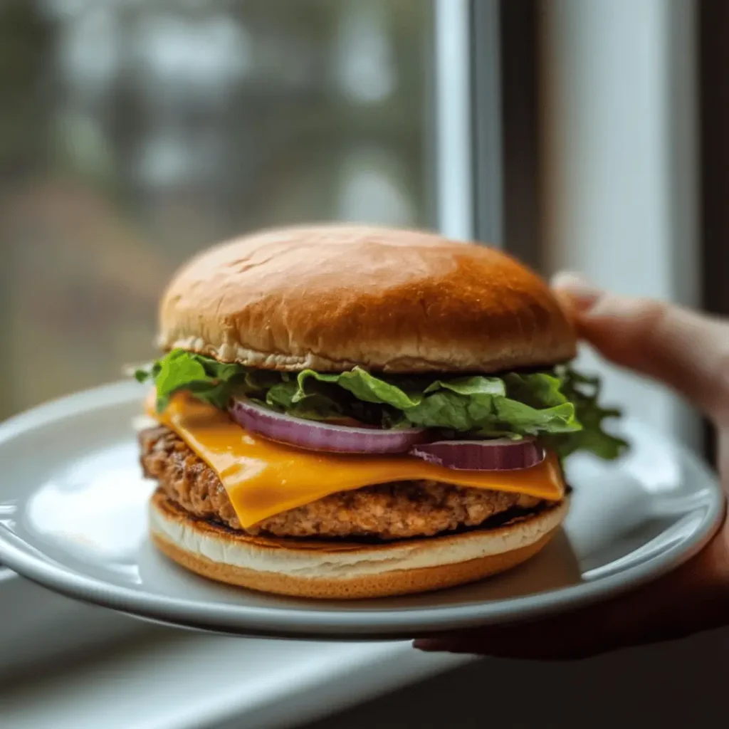 Hand holding a healthy cheeseburger on a white plate by a window, showing layers of lettuce, red onion, melted cheese and a toasted bun.